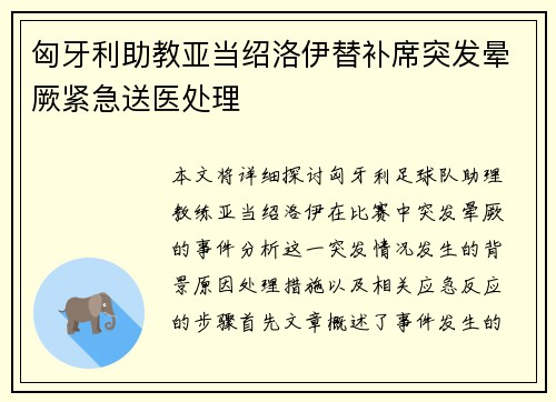 匈牙利助教亚当绍洛伊替补席突发晕厥紧急送医处理