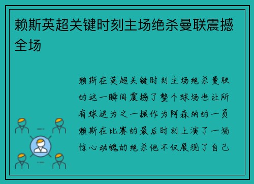赖斯英超关键时刻主场绝杀曼联震撼全场