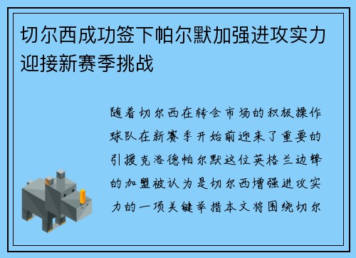 切尔西成功签下帕尔默加强进攻实力迎接新赛季挑战